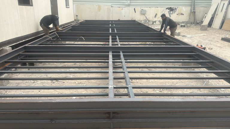 Steel floor frame being fabricated